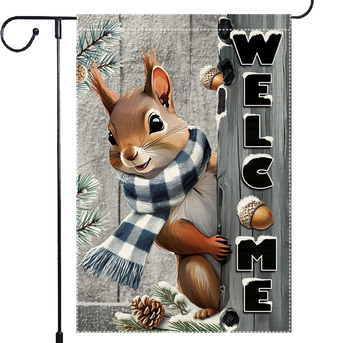 RMXJKIIU Welcome Garden Flag with Nut Squirrel in a cozy winter scene.