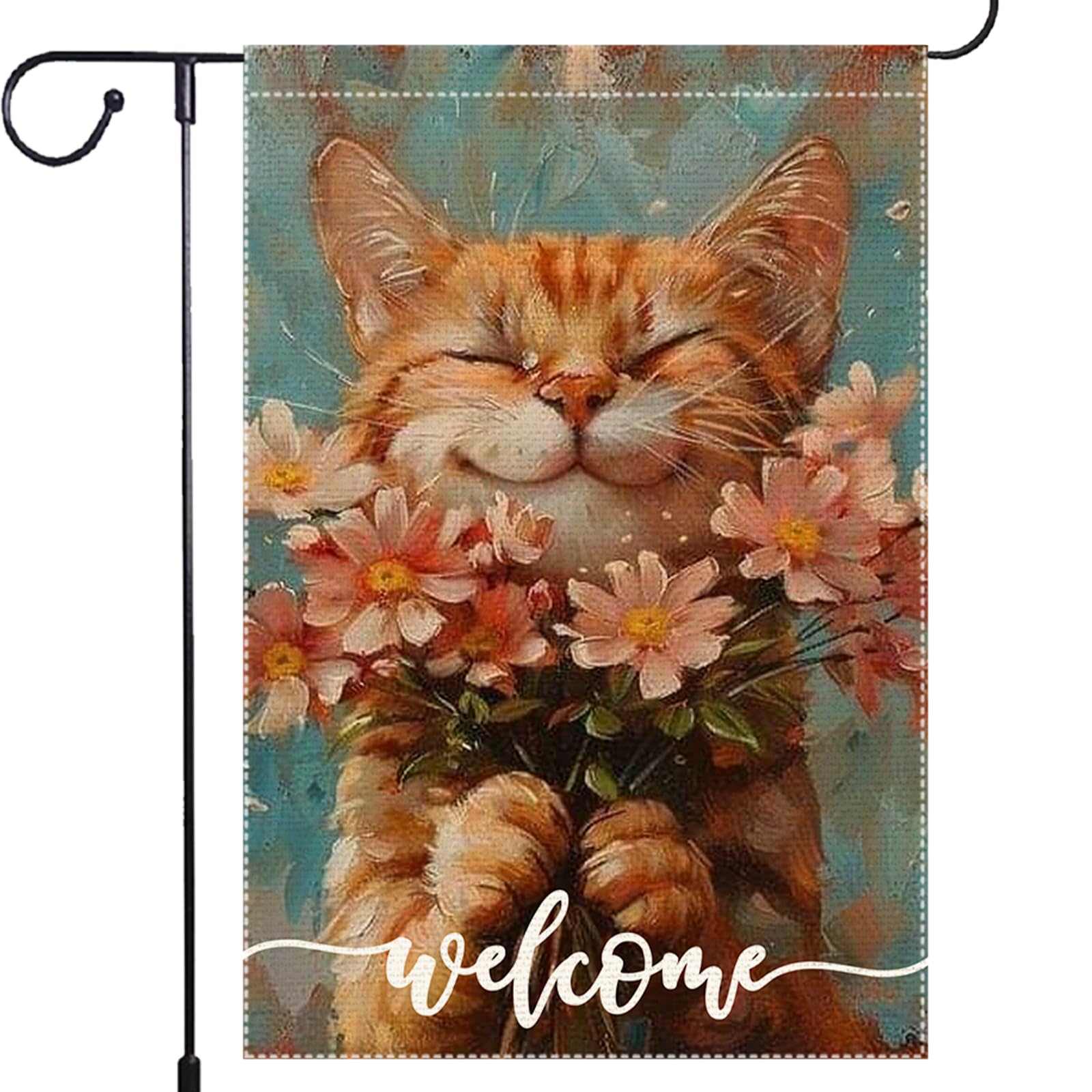 RMXJKIIU Welcome Spring Cat Flag with cheerful cat and pink flowers to welcome outdoor spaces