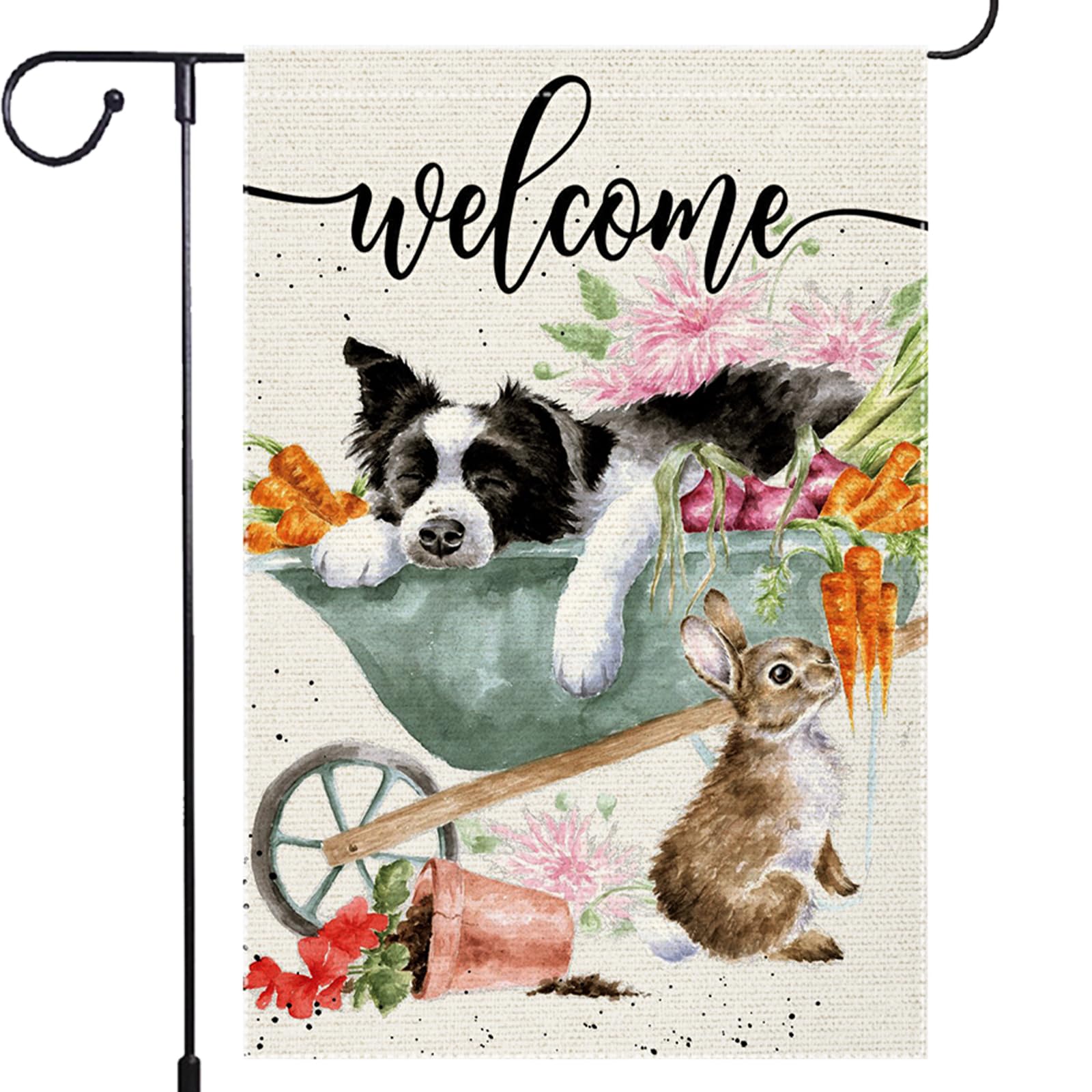 RMXJKIIU Welcome Spring flag with dog cart enhances garden curb appeal