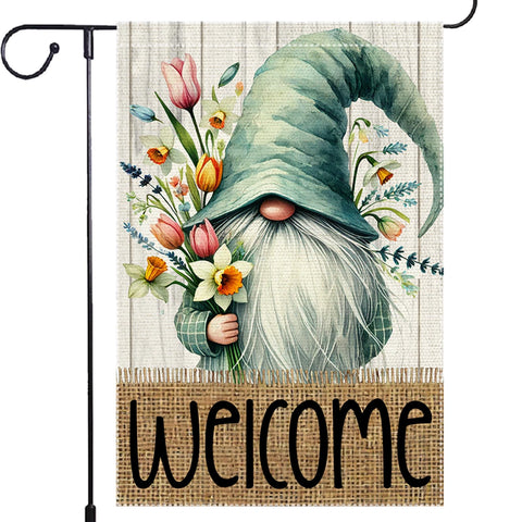 RMXJKIIU Welcome Spring Garden Flag with gnome and flowers for outdoor display.