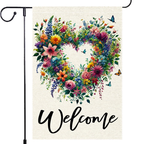 RMXJKIIU Welcome Spring/Summer garden flag with vibrant floral heart design for curb appeal