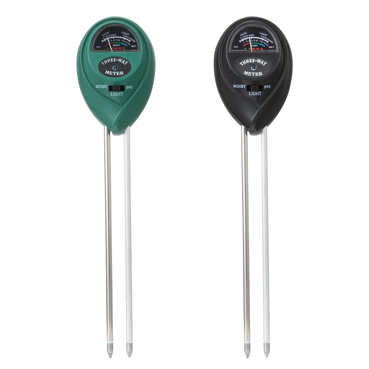 Rngeo 2-pack soil moisture meters in black and green, front view for accurate watering