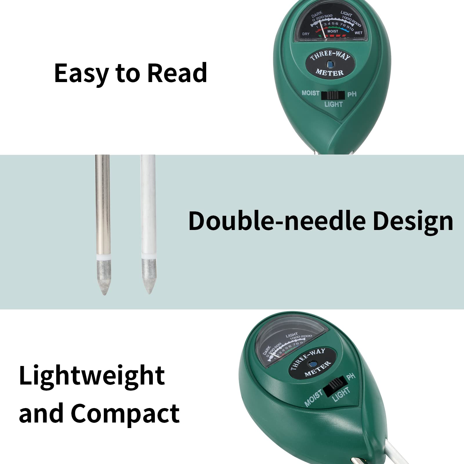 Rngeo 3-in-1 soil tester with mode switch for moisture, light, and pH