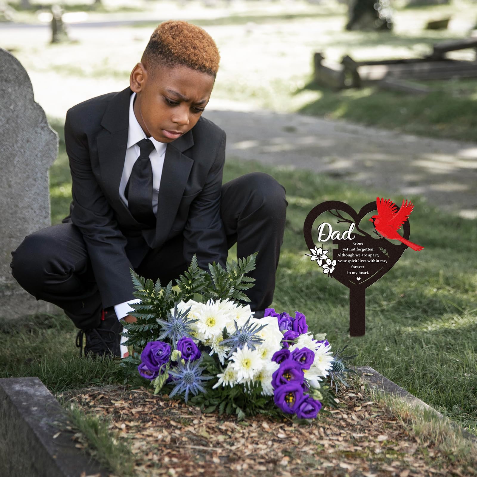 Rngmsi cardinal dad grave marker installation demonstrates easy soil placement outdoors.