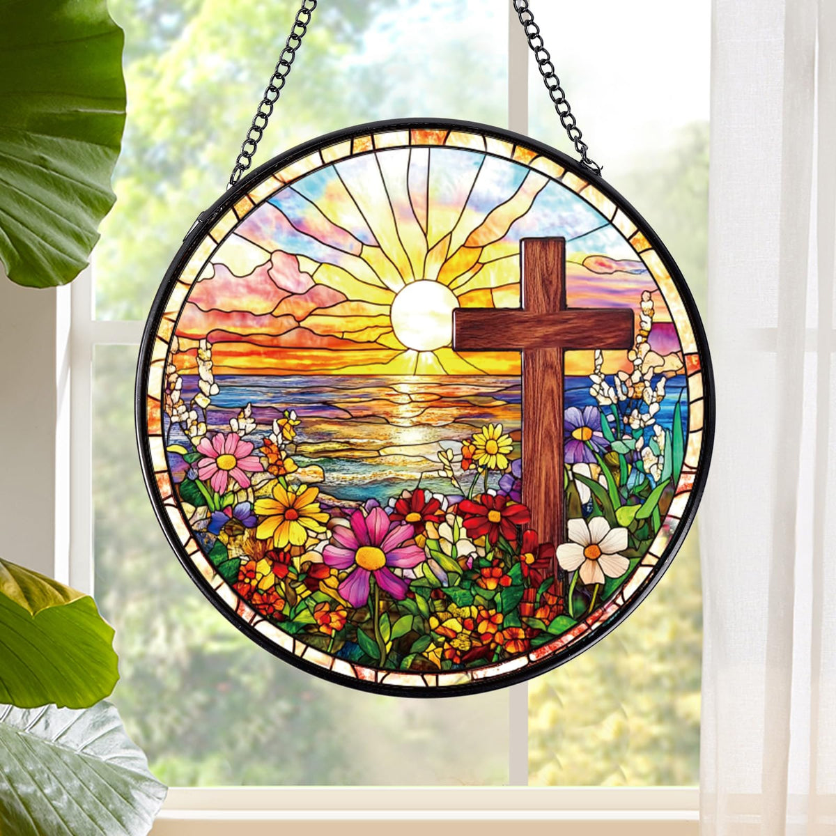 Rngmsi cross flower sun catcher in stained glass brightens windows with warm color.