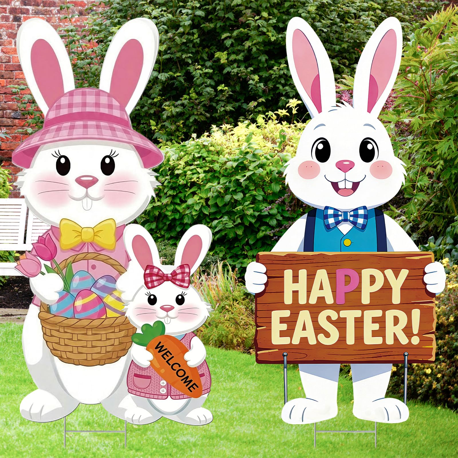 Rngmsi Easter Bunny family yard sign with egg baskets for spring decor.