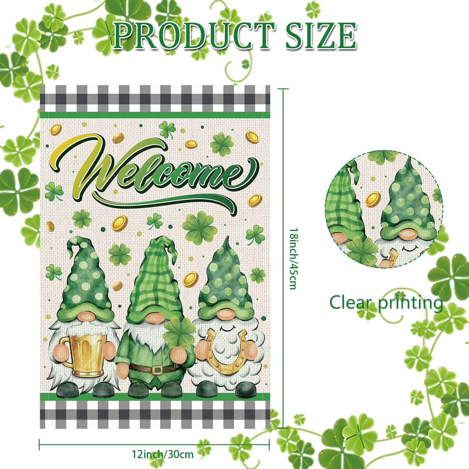 Rngmsi holiday garden flag featuring gnomes and shamrocks for seasonal charm.