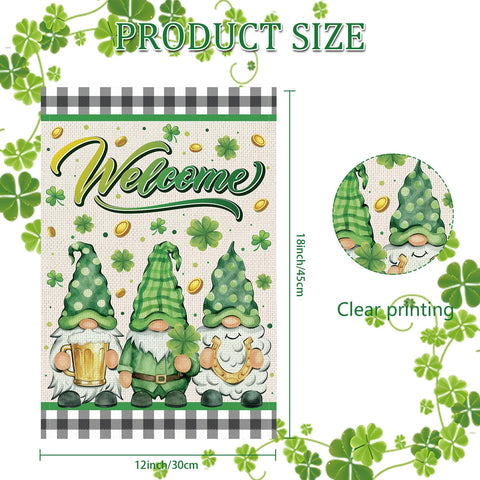 Rngmsi holiday garden flag featuring gnomes and shamrocks for seasonal charm.