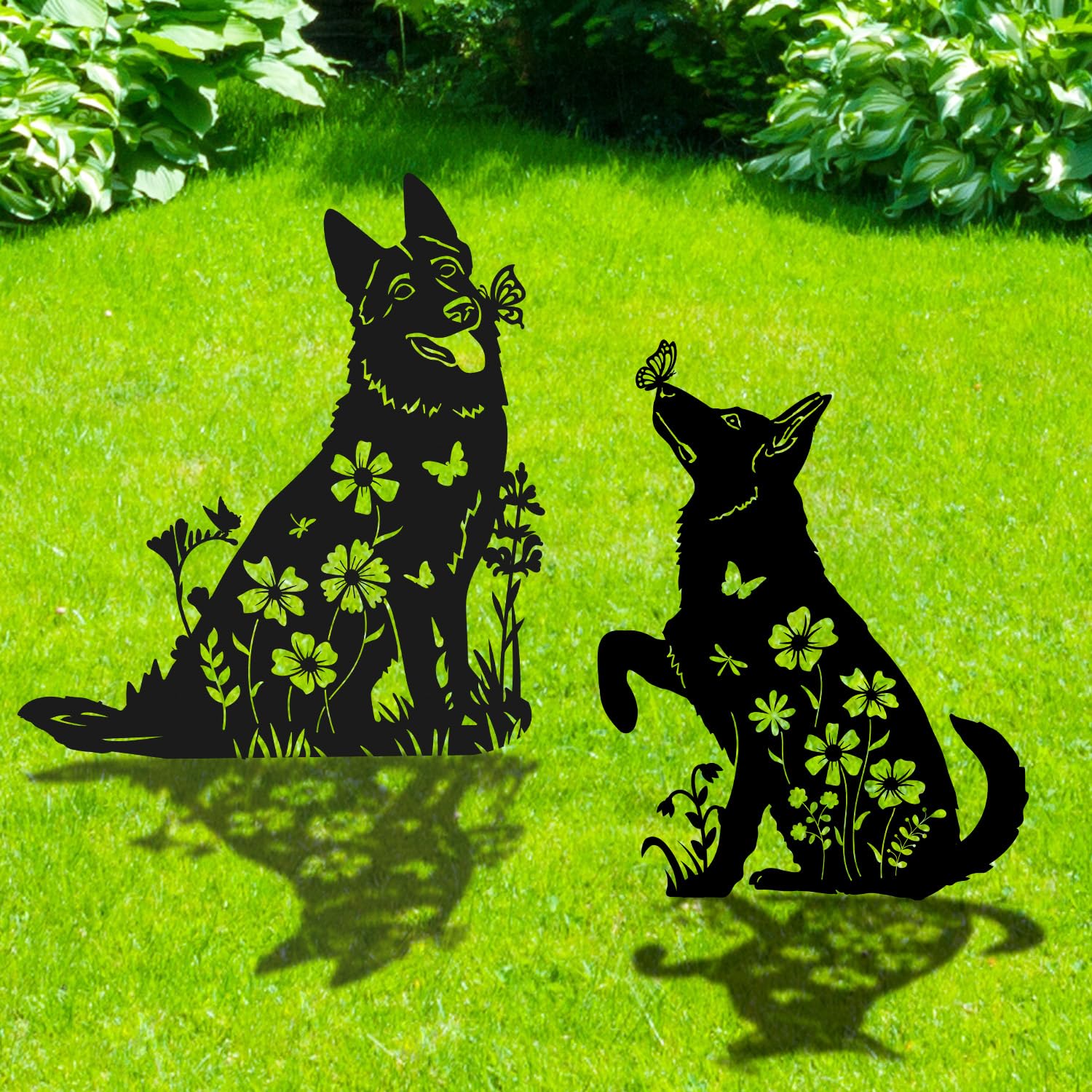 Rngmsi German Shepherd metal garden stake 2-pack enhances outdoor silhouette art and curb appeal.