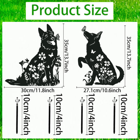 Rngmsi black German Shepherd silhouette stake with floral accents for charming garden décor.