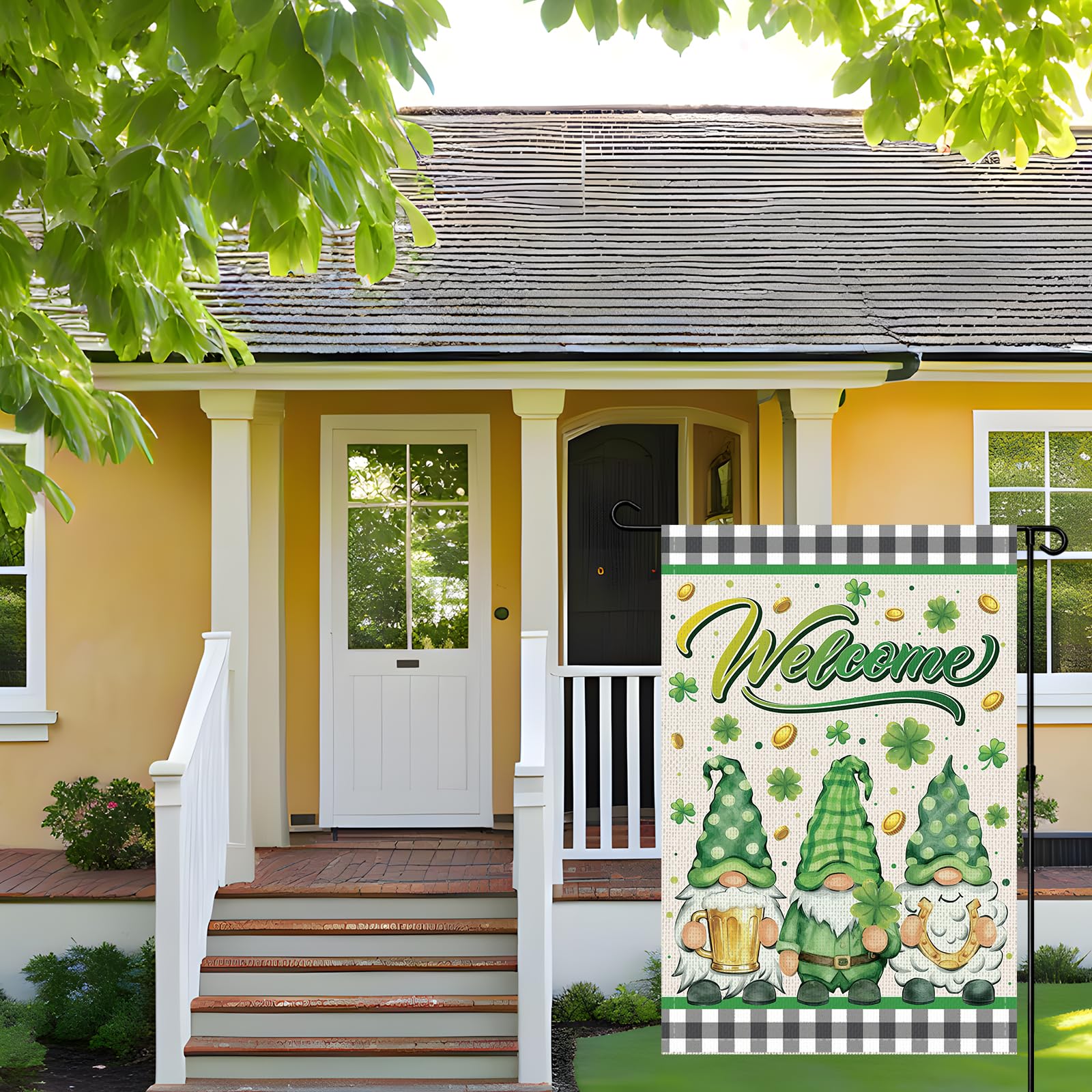 Rngmsi outdoor flag enhances porch decor with festive St Patrick's symbols.
