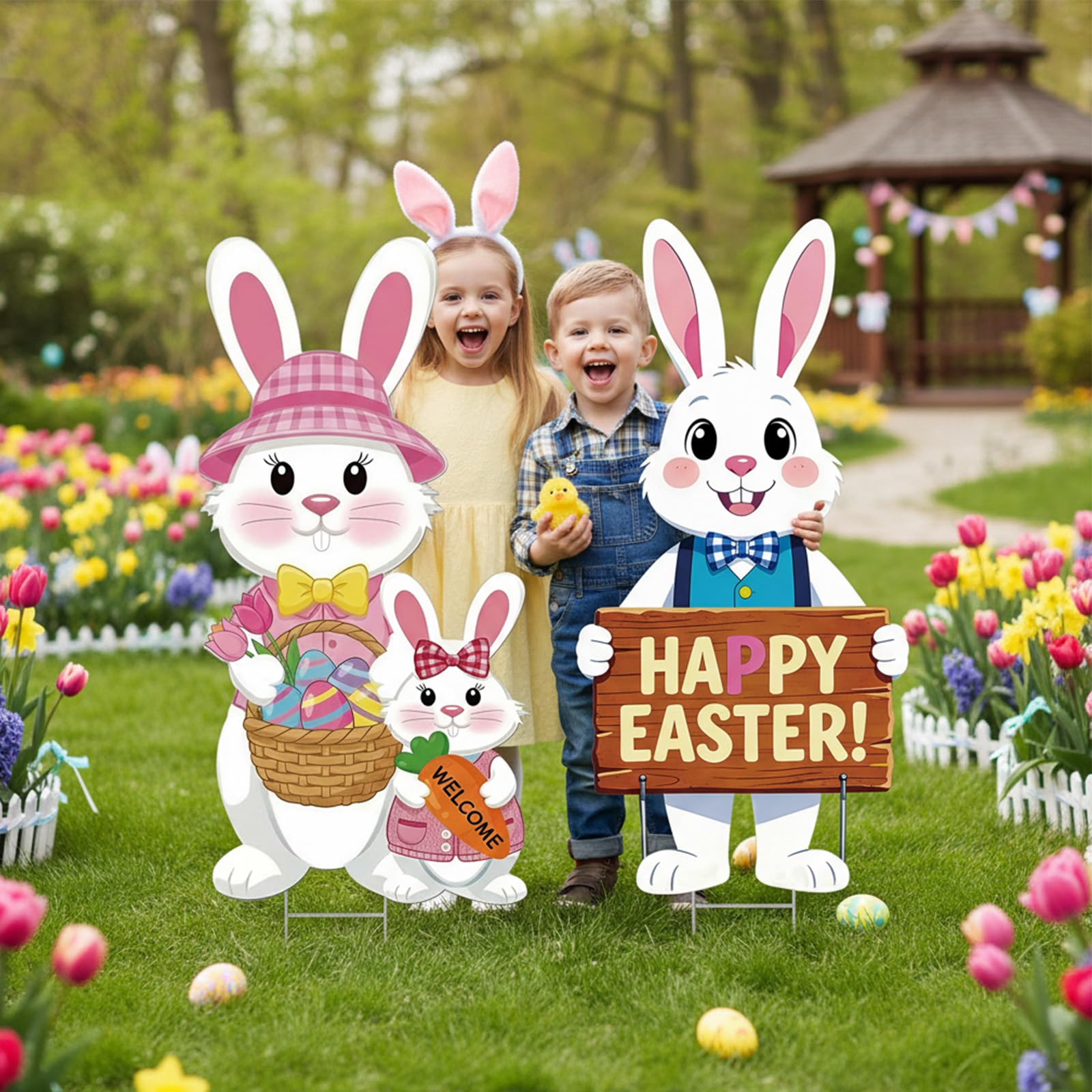 Rngmsi Spring yard decor bunny sign for lawn display.