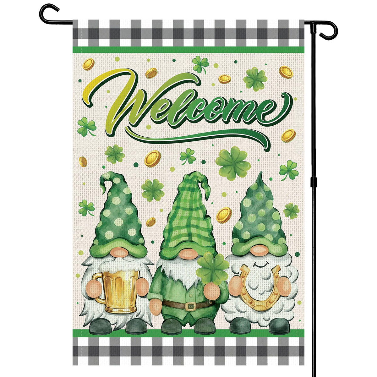 Rngmsi garden flag with gnome and shamrocks for outdoor welcome.
