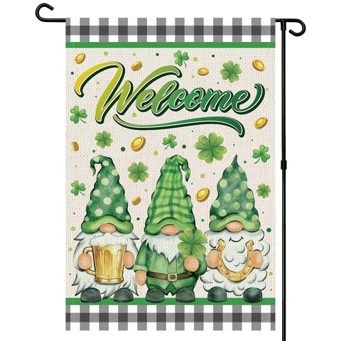Rngmsi garden flag with gnome and shamrocks for outdoor welcome.