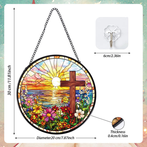 Rngmsi stained glass window hanging showcases vibrant flowers around a cross.