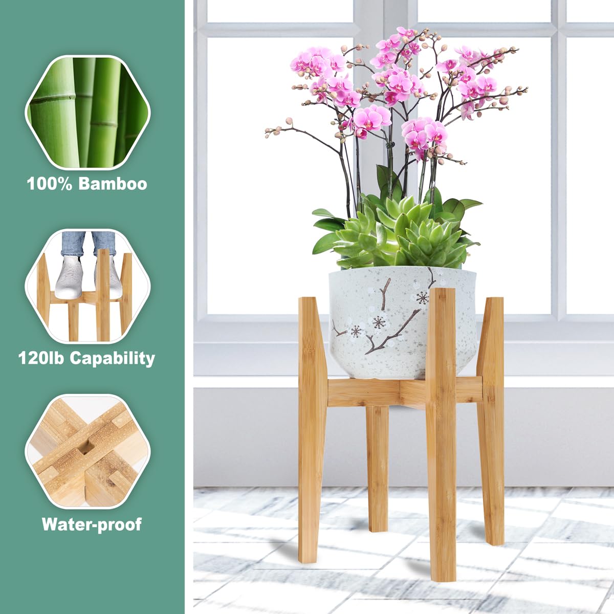 Rnined adjustable stand height provides two options for pot sizes.