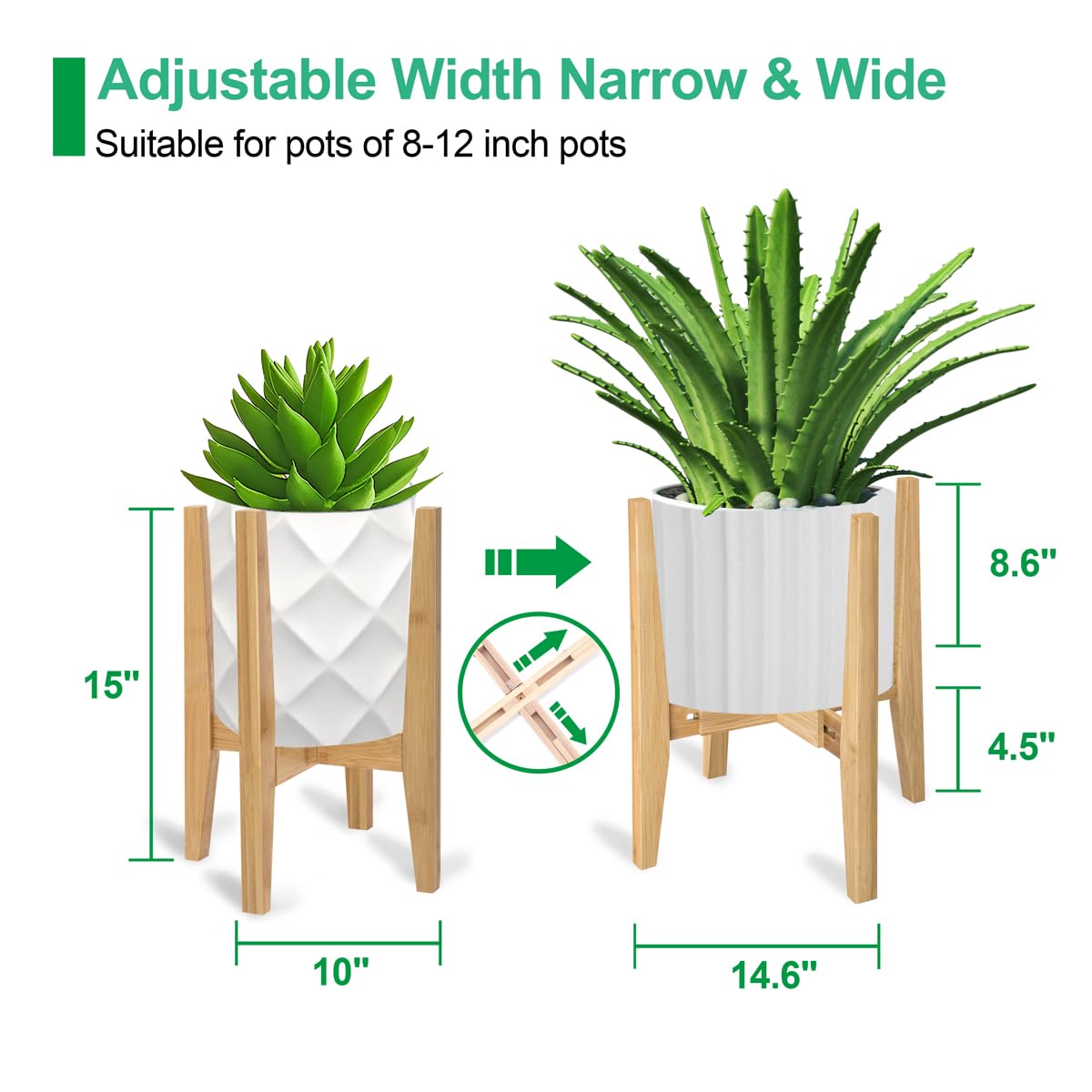 Rnined bamboo plant shelf enhances natural tones with mid-century flair.