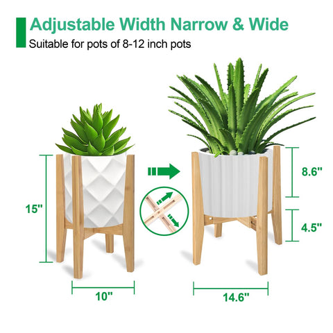 Rnined bamboo plant shelf enhances natural tones with mid-century flair.