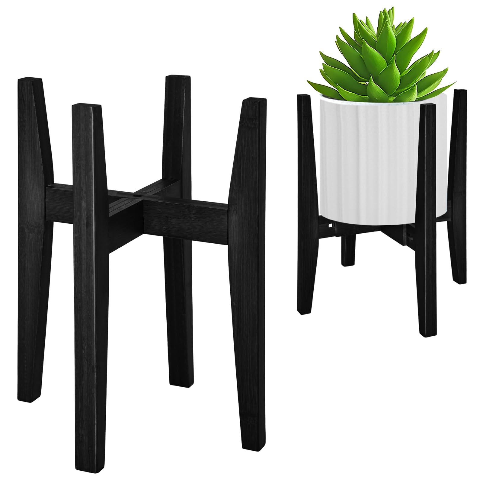 Rnined bamboo plant stand front view showing sturdy frame and sleek black finish.
