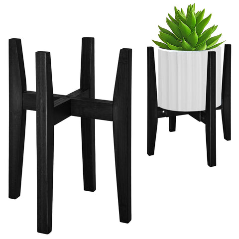 Rnined bamboo plant stand front view showing sturdy frame and sleek black finish.
