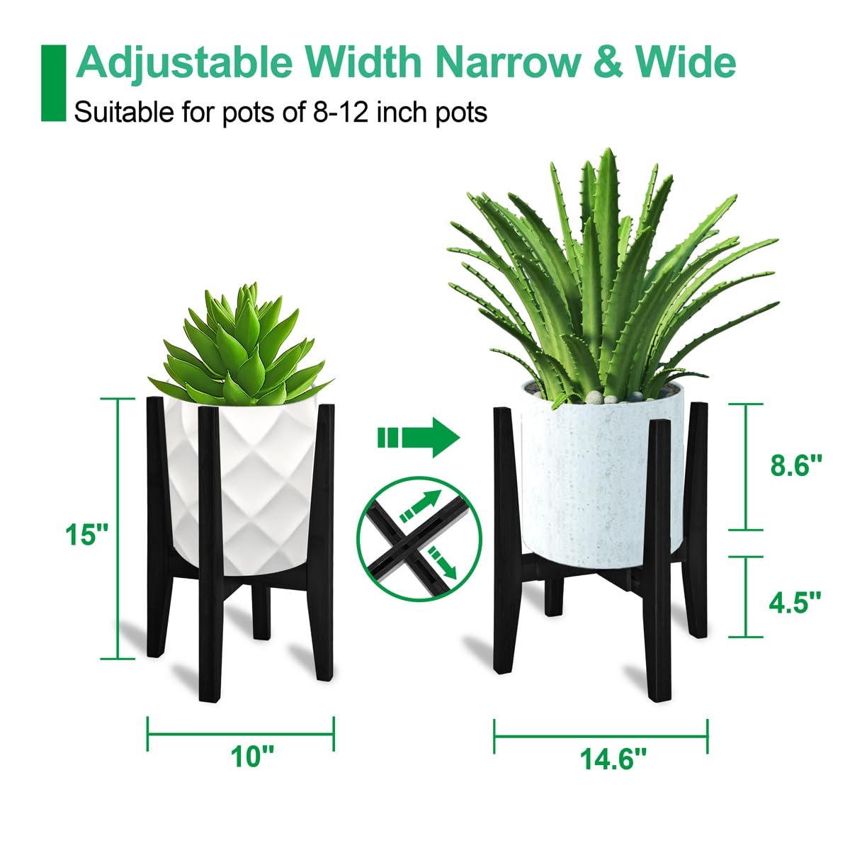 Rnined bamboo plant stand side view highlights adjustable width 8–12 inches for pots.