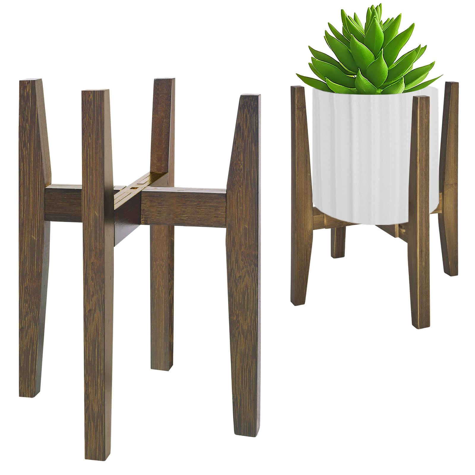 Rnined plant stand indoor with walnut finish highlighting mid-century charm