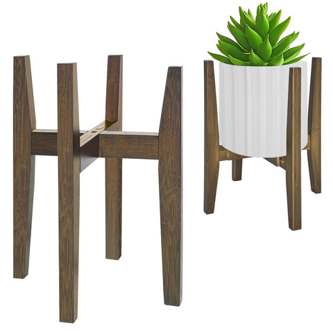 Rnined plant stand indoor with walnut finish highlighting mid-century charm