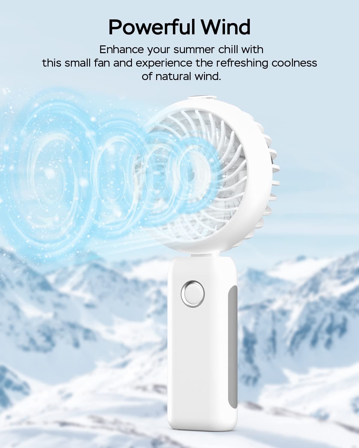 RNKRUN foldable misting fan with tilt adjust for easy angle control.
