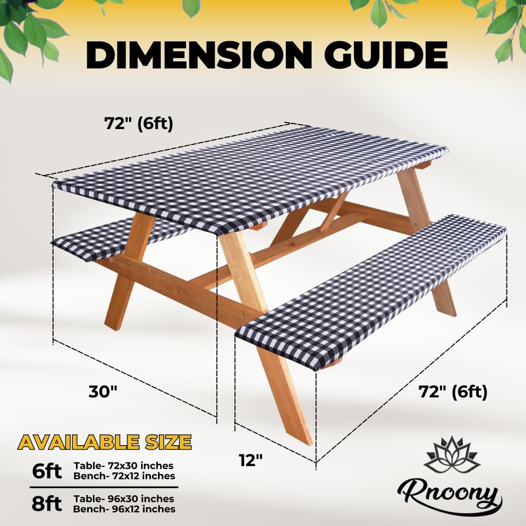 RNOONY 72x30in picnic table cover over a full outdoor dining setup.