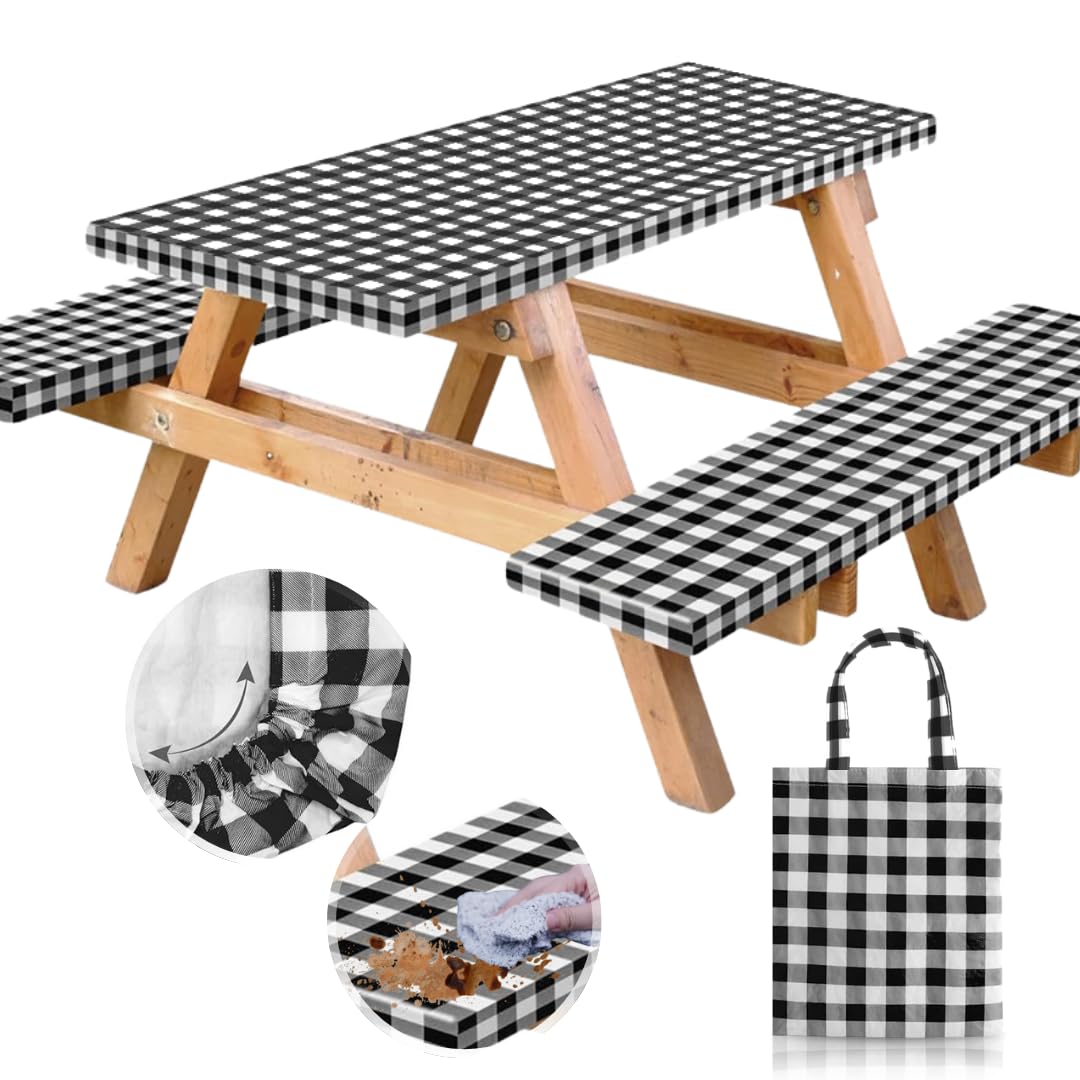 RNOONY vinyl fitted table cover on an 8ft table for easy outdoor dining cleanup.