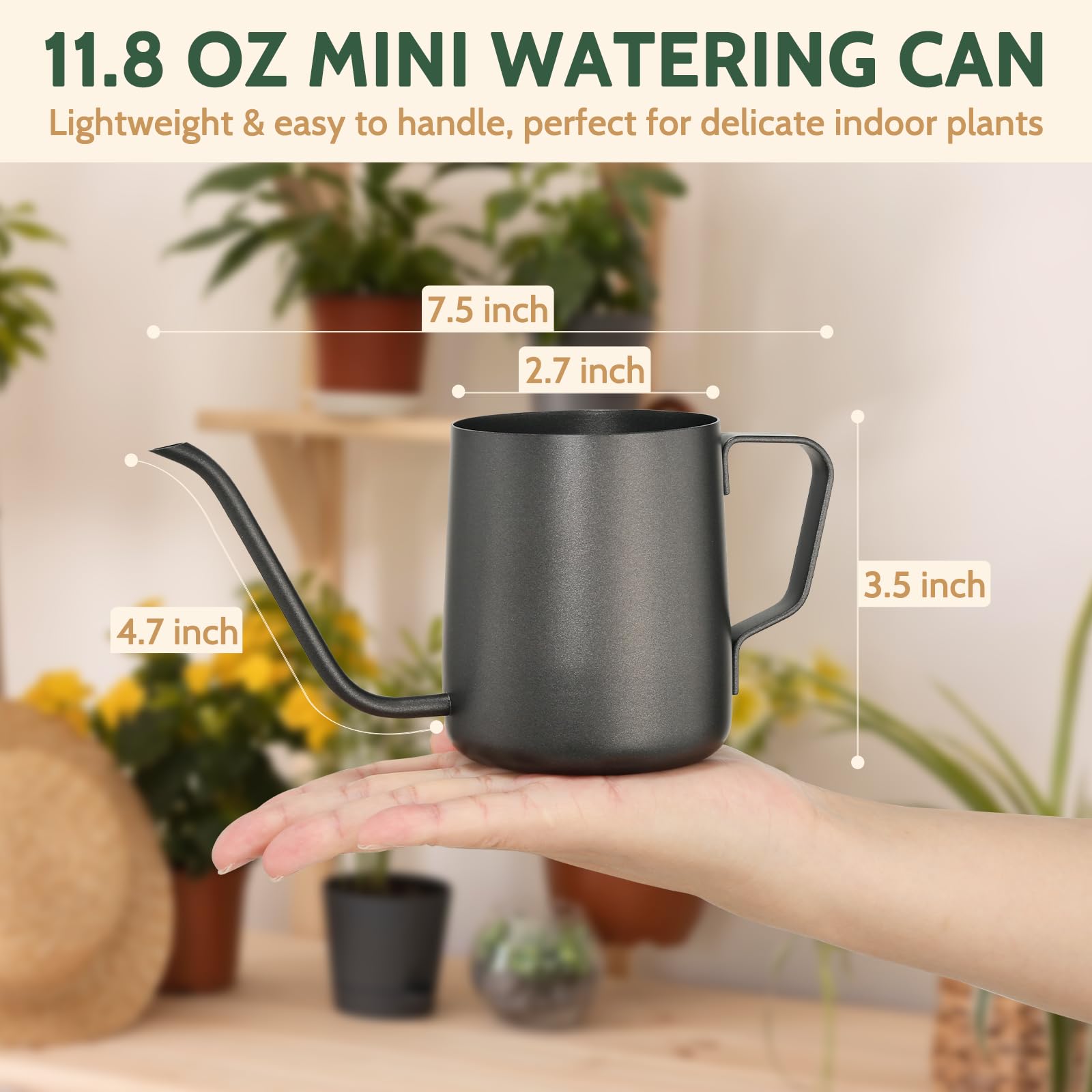 Roamall long-spout provides precise, spill-free watering near plant roots.