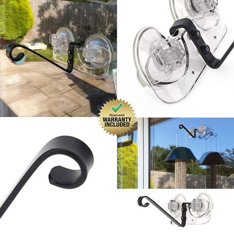 Roamwild outdoor-ready wildlife feeder bracket attached to a clean glass pane