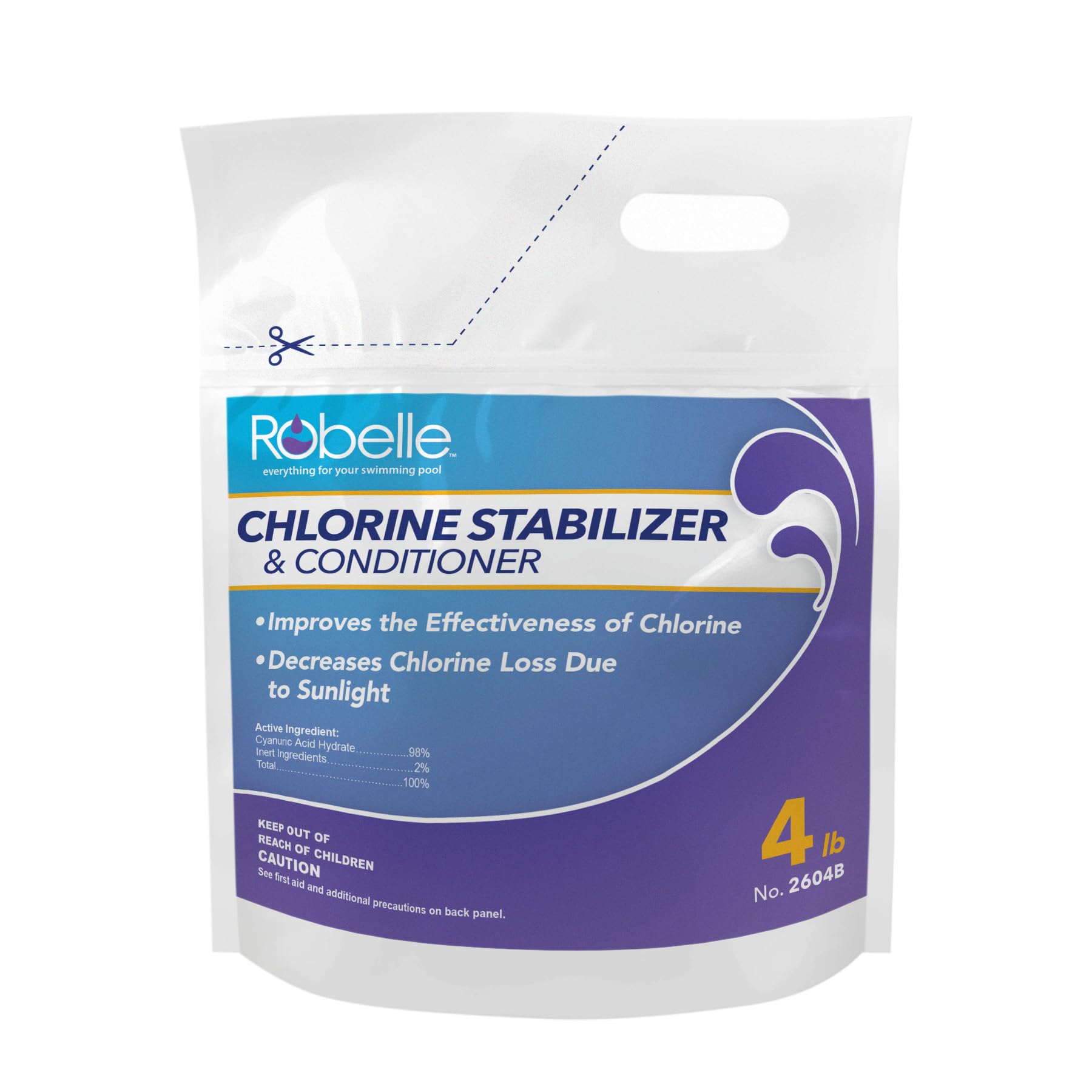 Robelle 4Pounds chlorine stabilizer bottle ready to protect chlorine from sunlight.
