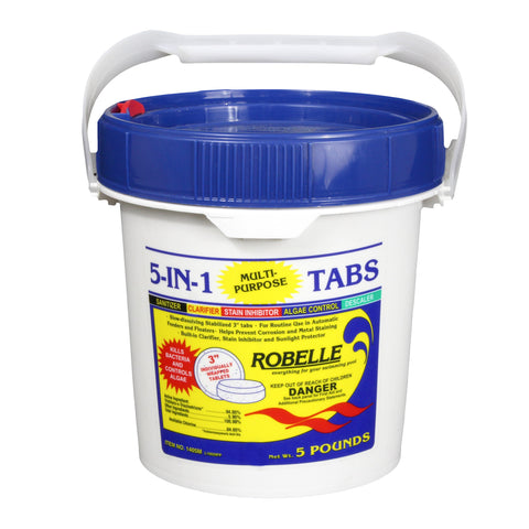 Robelle 5lb tabs bottle for easy storage and pool sanitization.