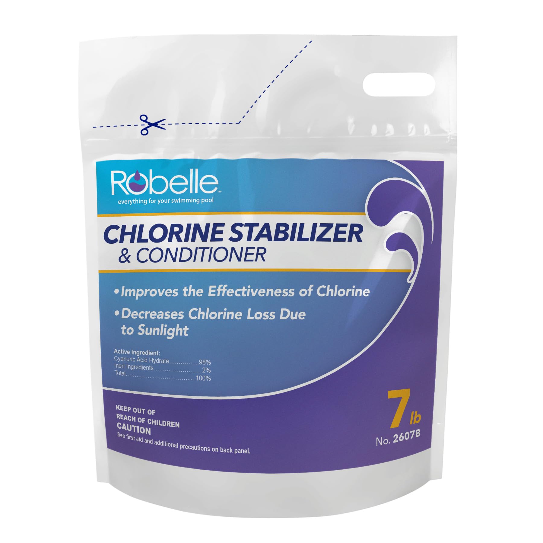 Robelle 7-Pounds bottle with label showcasing pool stabilizer benefits