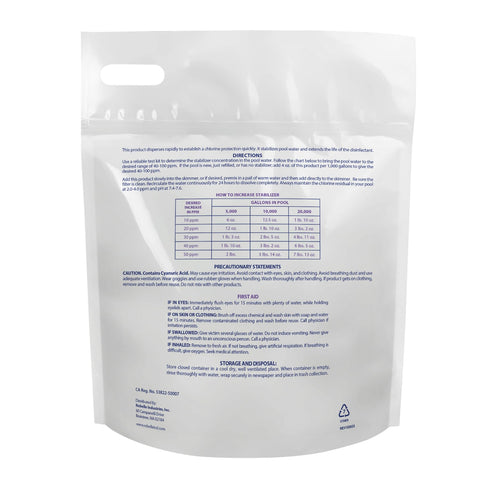 Robelle stabilizer powder being poured into a skimmer for even distribution