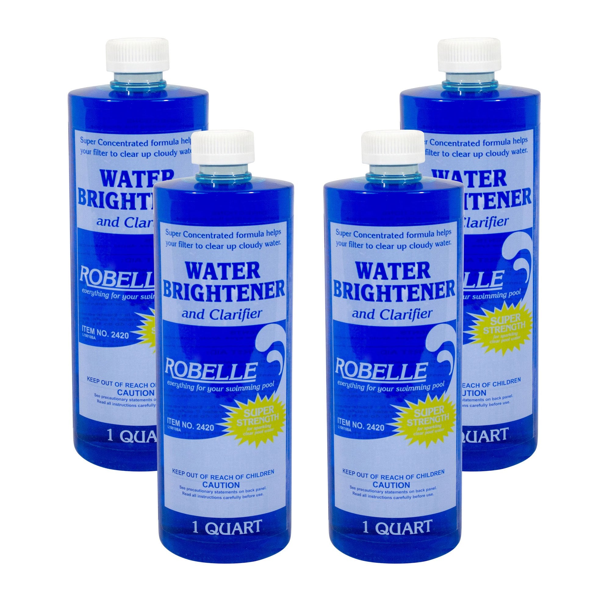 Robelle Water Brightener and Clarifier bottle pour demonstrates easy dosing for pool treatment