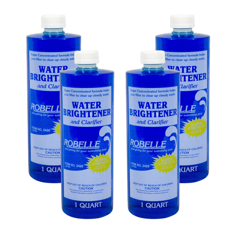 Robelle Water Brightener and Clarifier bottle pour demonstrates easy dosing for pool treatment
