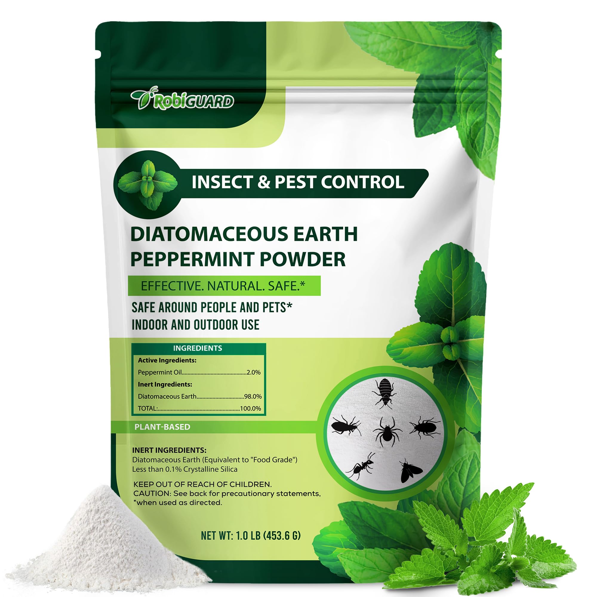 RobiGuard diatomaceous earth powder container on shelf, easy indoor pest barrier.