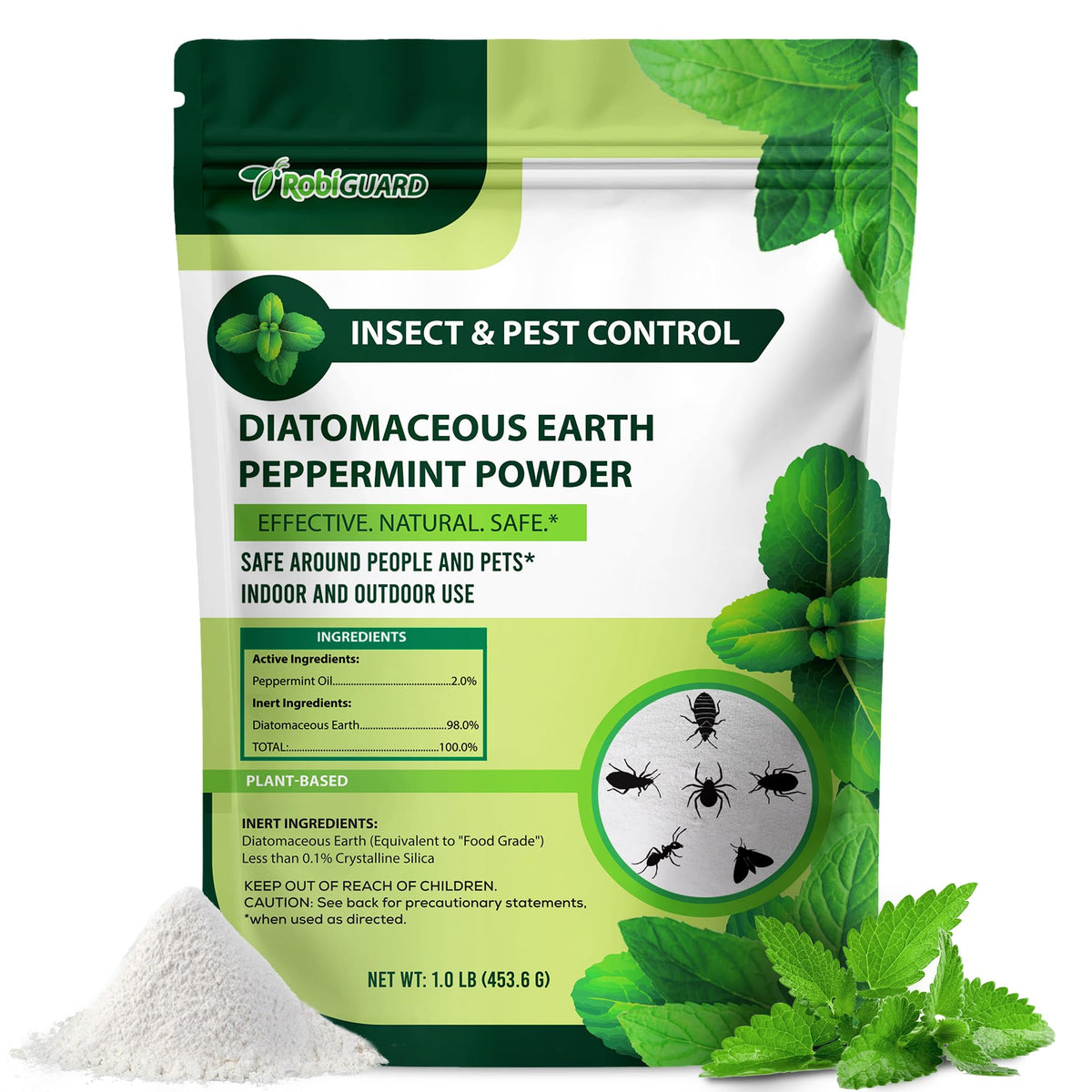 RobiGuard diatomaceous earth powder container on shelf, easy indoor pest barrier.