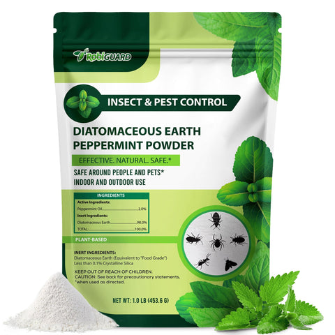 RobiGuard diatomaceous earth powder container on shelf, easy indoor pest barrier.