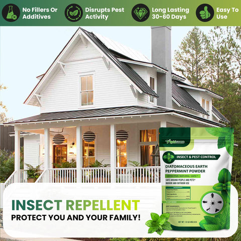 RobiGuard peppermint-infused powder jar shown for pet-friendly pest control.