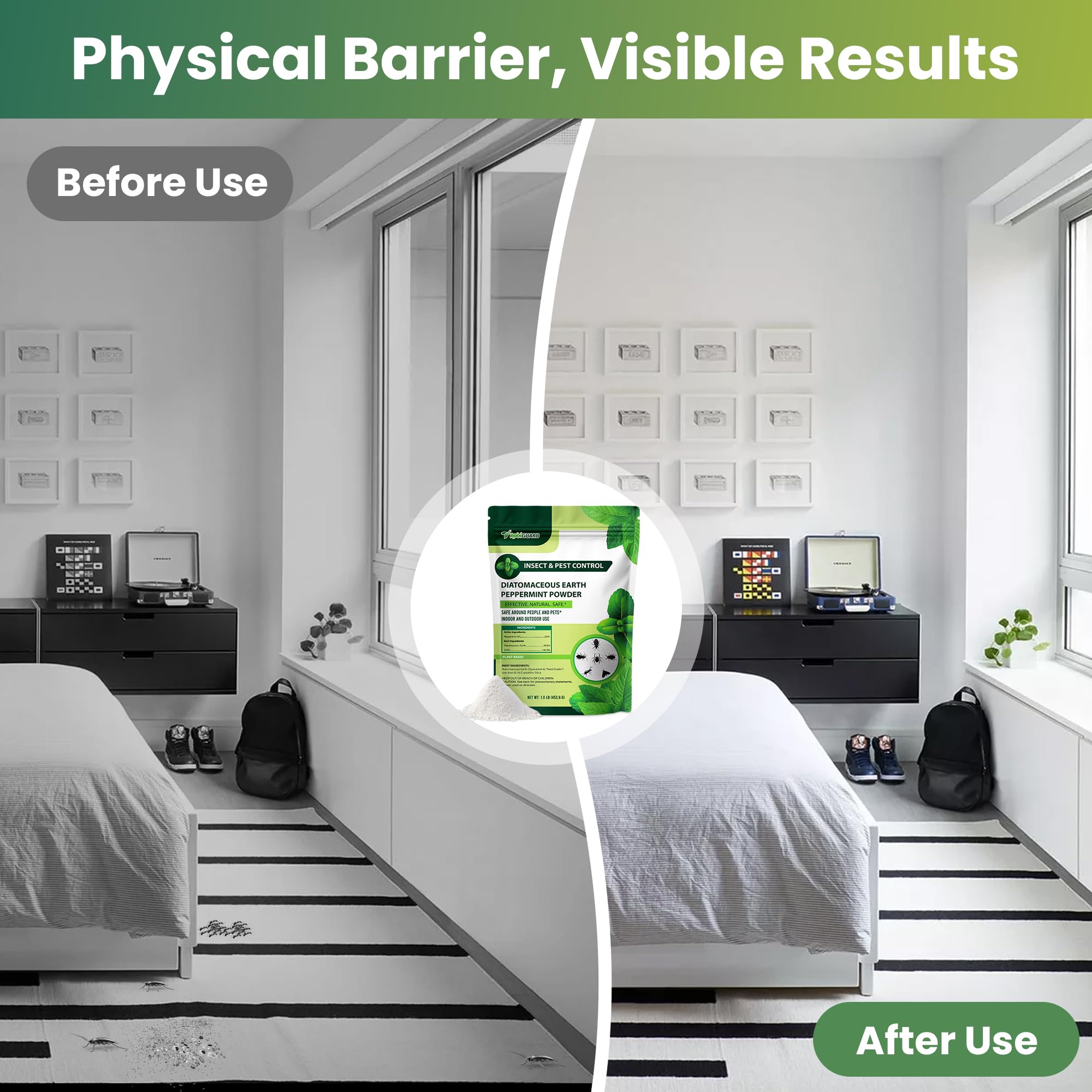 RobiGuard powder on a wooden surface visualizes quick crawl barrier.