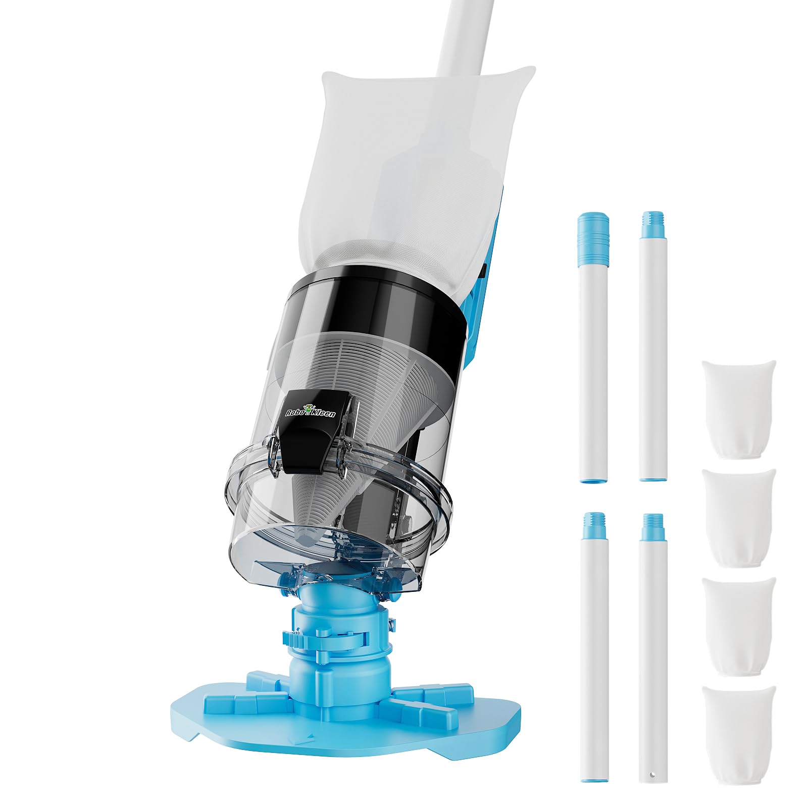 Robokleen cordless pool vacuum showing strong suction for fast pool cleaning