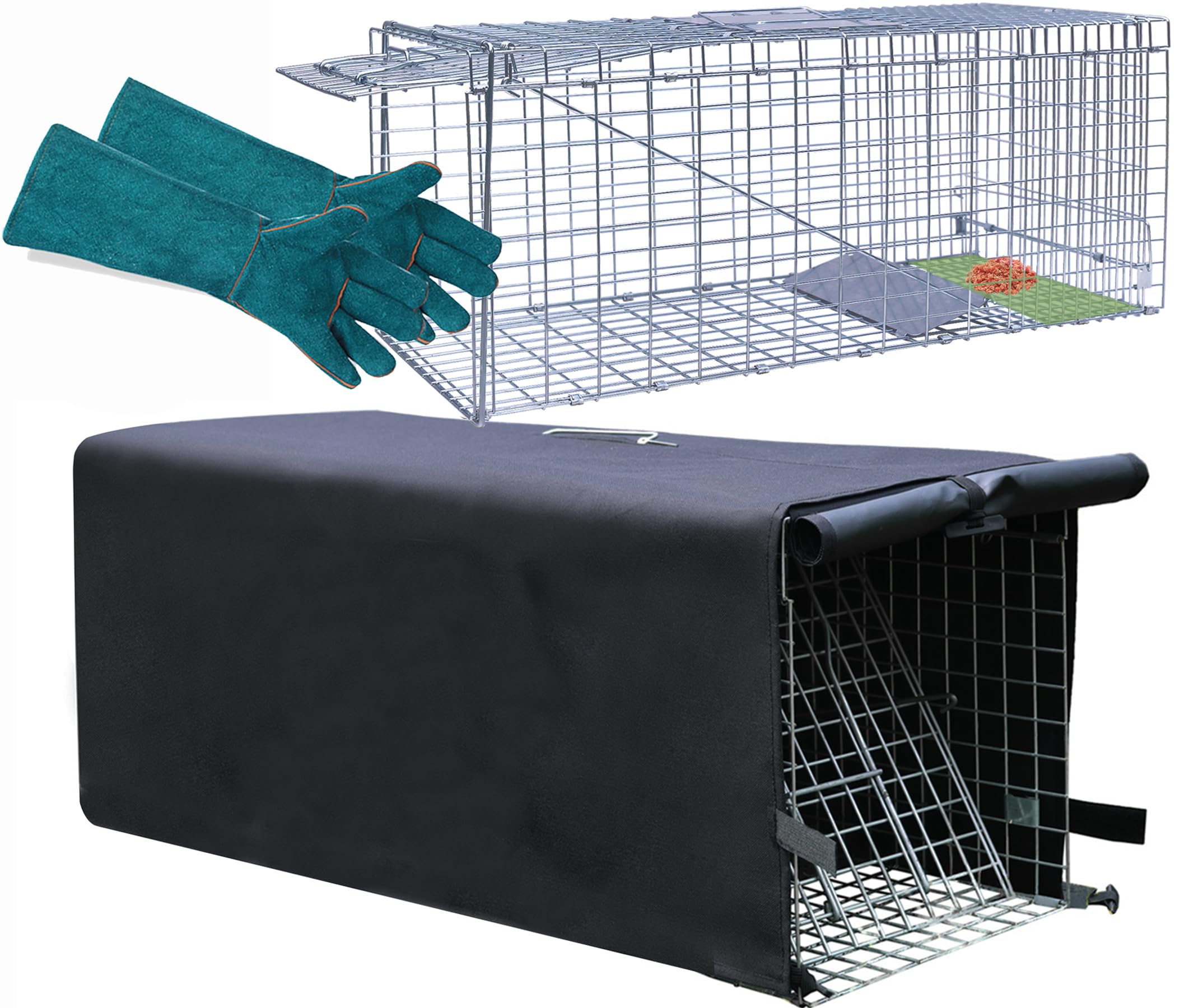 Rockever live animal trap cage with 32x10x12 cover shown in situ, highlighting weather-ready design.