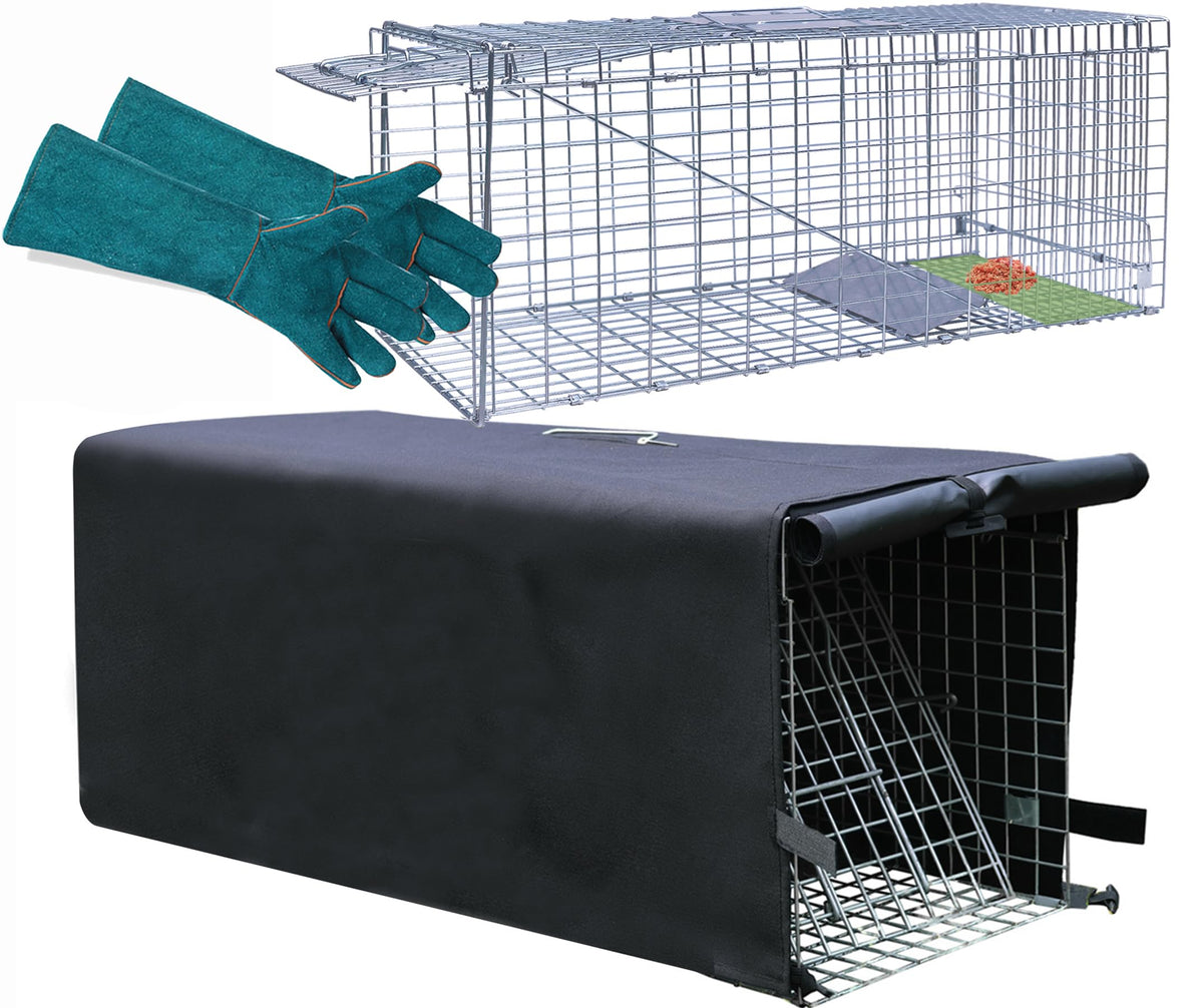 Rockever live animal trap cage with 32x10x12 cover shown in situ, highlighting weather-ready design.