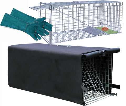 Rockever live animal trap cage with 32x10x12 cover shown in situ, highlighting weather-ready design.