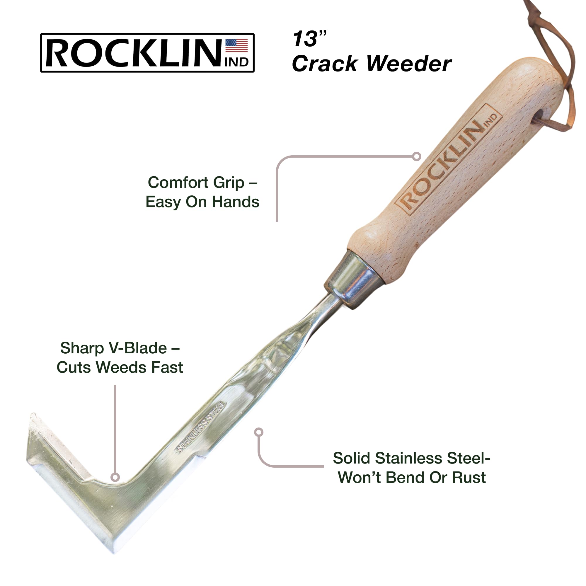 Rocklin Crack Weeder with beech wood handle for comfortable, controlled grip.