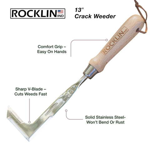Rocklin Crack Weeder with beech wood handle for comfortable, controlled grip.