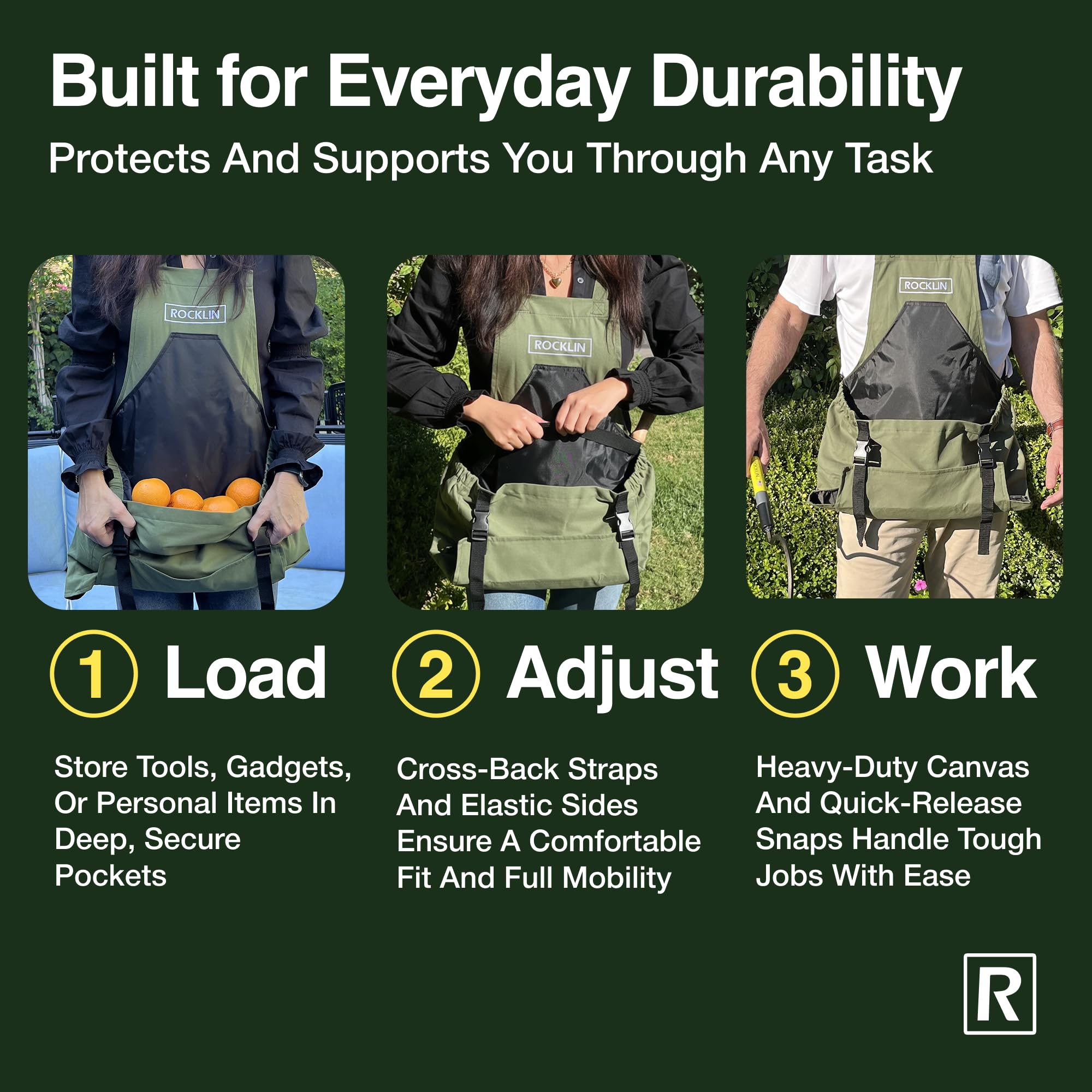 Rocklin Industry Gardening Apron features off-vine storage for tools and produce